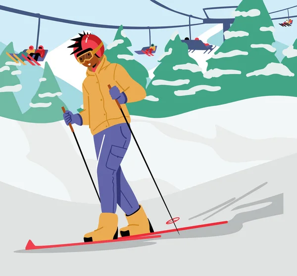 マウンテンリゾートのティーンボーイスキー 暖かいスポーツ衣装 ヘルメット ゴーグルを身に着けている子供はスキーピストで下り坂に行く 冬のスポーツ 屋外レジャー アクティブスペアタイム 漫画ベクターイラスト — ストックベクタ