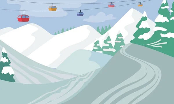 高山滑雪度假村 阿尔卑斯山冬季景观与缆车 雪岩峰 自然背景 极限运动或滑板运动的场所 卡通矢量图解 — 图库矢量图片