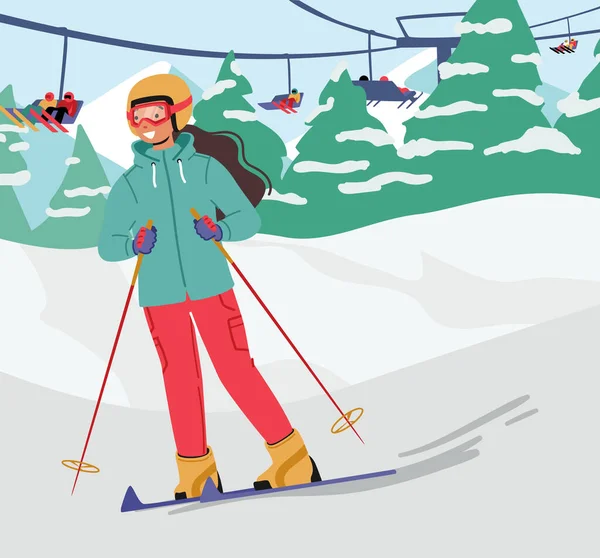 Menina Adolescente Esqui Vestindo Trajes Esportivos Quentes Óculos Equitação Esquis — Vetor de Stock
