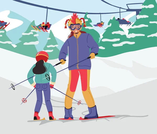 Küçük Kız Anne Kış Tatil Köyü Nde Kayak Hocası Sıcak — Stok Vektör