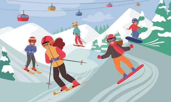 Kış Kıyafetleri Içinde Çocuklar Snowboard Yapıyor Füniküler Ile Dağ Evinde — Stok Vektör