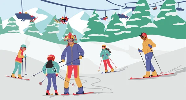 Children Skiers at Winter Mountain Landscape. Happy Kids with Tutor Ride Skis In Alps with Funicular, Blue Sky and Tops Of Rocks. Winter Sport Activities, Skiing Resort. Cartoon Vector Illustration