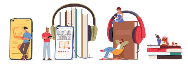 Personagens Sentados Minúsculos Ouvir Livros Line Enorme Pilha Smartphone Fones — Vetor de Stock