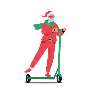 Noel Baba Noel Karakteri Elektrikli Scooter sürüyor. Şık Kırmızı Şenlik Takım Elbisesi, Şapka ve Yıldız Gözlüklü Havalı Peder Noel Eko Taşımacılıktaki Çocuklara Acele Edin. Çizgi film İnsanları Vektör İllüstrasyonu