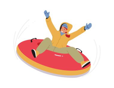 Dağ yamacında kar tünelinde kayan mutlu kız. Tubing Kış Tatili Ekstrem, Karlı Tepelerdeki Aktif Kadın Karakteri, Açık Hava Kış Eğlencesi. Çizgi film İnsanları Vektör İllüstrasyonu