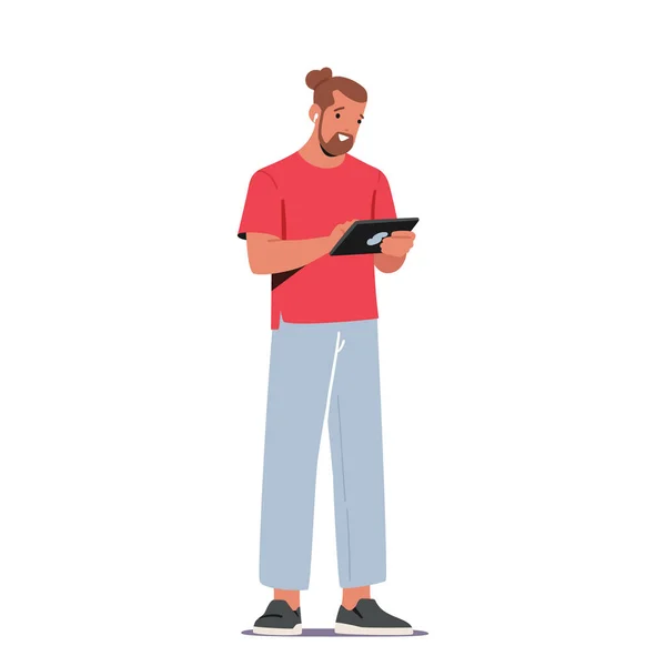 Homem Com Tablet Isolado Fundo Branco Personagem Masculino Comunicando Lendo — Vetor de Stock