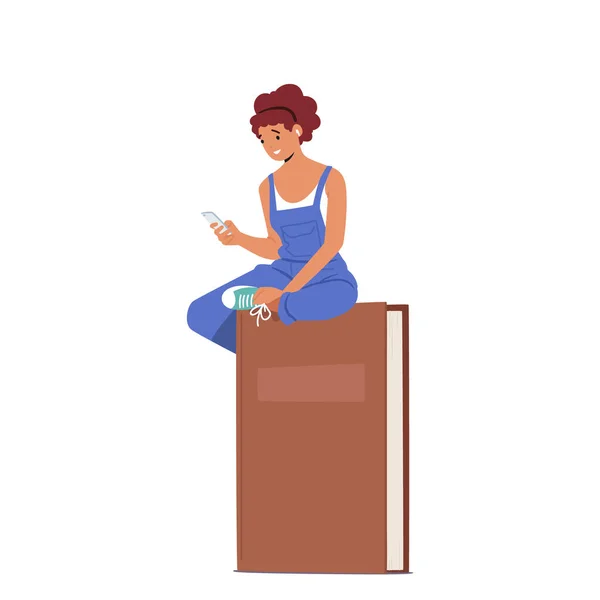 Fille Assis Sur Énorme Livre Avec Smartphone Dans Les Mains — Image vectorielle