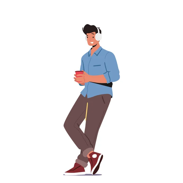 Young Man Headphones Coffee Cup Hands Écouter Des Livres Musique — Image vectorielle