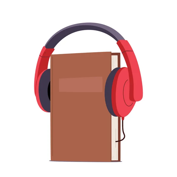 ヘッドフォンと白い背景に隔離された教科書で概念を聞くオーディオブック オンライン図書館 勉強のためのアプリ オーディオブックやポッドキャストメディアコンテンツ 漫画ベクターイラスト — ストックベクタ