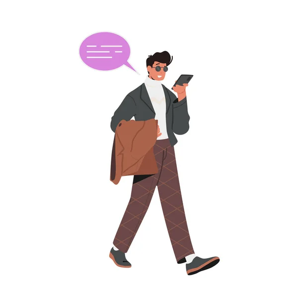 現代の10代の学生男性キャラクタースマートフォンの画面を見てインターネット上の携帯電話で音声メッセージを読んだり送信します ガジェット 携帯電話通信の概念 漫画ベクターイラスト — ストックベクタ