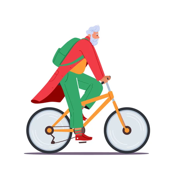 时髦的圣诞老人骑自行车 时髦的嬉皮士父亲诺埃尔穿着红色和绿色的现代服装和背包 喜庆服装中的圣诞人物形象 快送给孩子们 卡通人物矢量图解 — 图库矢量图片