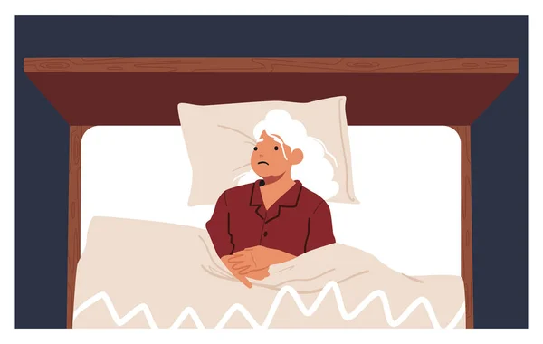 Smutna Seniorka Leżąca Łóżku Starzejąca Się Kobieta Nie Może Spać — Wektor stockowy