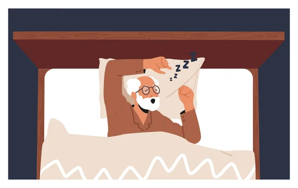 老人スノーアは悪いトップビューに横たわっている シニア男性キャラクター睡眠時無呼吸 呼吸器疾患 睡眠時祖父ラウドノイズ 漫画人ベクトルイラスト — ストックベクタ