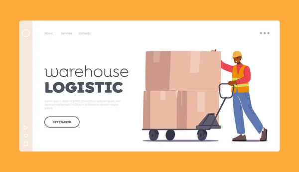 Warehouse Logistic Landing Page Template 2011 Worker Uniform Driving Truck — 스톡 벡터