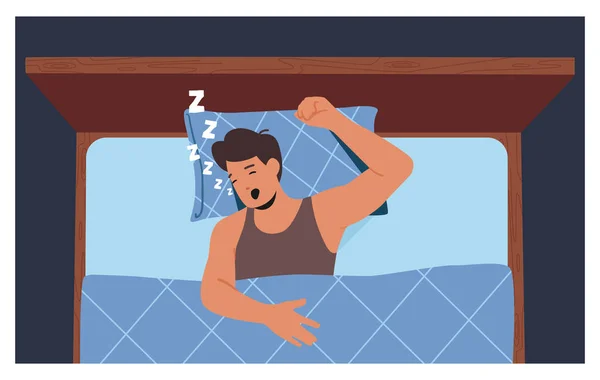 ベッドの上で寝そべっている若い男をいびき 深い眠りながら 男性キャラクター大声で口を開けていびき 人いくつかのZzzs 睡眠時無呼吸 いびき 速い睡眠の概念をキャッチ ベクターイラスト — ストックベクタ