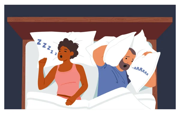 打鼾疾病 呼吸健康障碍 烦躁概念 妻子打鼾用枕头捂住耳朵 夫妻躺在床上的男性性格特征 卡通人物矢量图解 — 图库矢量图片