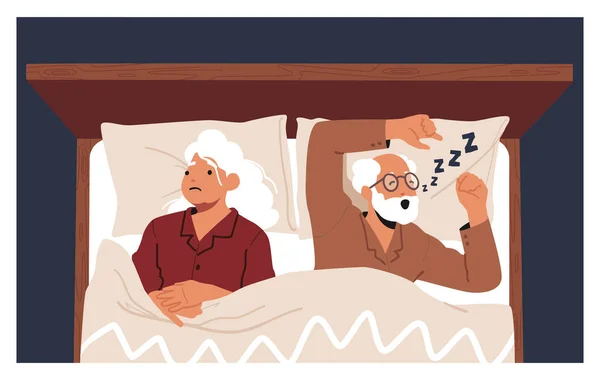 夫のいびきに苦しむシニア女性 昔の男性キャラクターは夜の睡眠でいびきをかく 呼吸器疾患 騒音汚染 ベッドの中で不幸な女性を眠ります 漫画人ベクトルイラスト — ストックベクタ