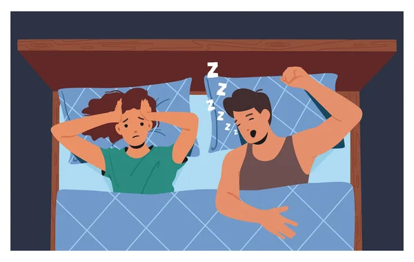 夫婦はベッドに寝そべっている 頭痛を持っている夫いびきの女性の文字の苦しみ 鼻疾患 呼吸器疾患 男性と女性とのAnnoanceの概念 漫画人ベクトルイラスト — ストックベクタ