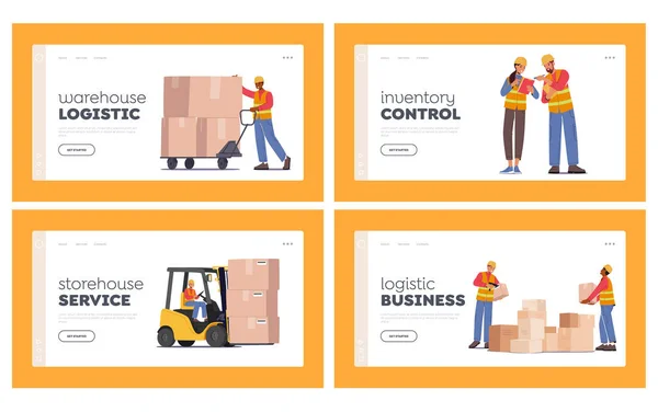Industrial Warehouse Logistics Merchandising Landing Page Template Set Worker Characters — Stock Vector