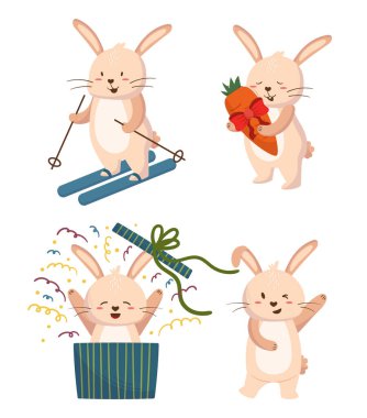 Şirin Noel Tavşanları, Çizgi Film Yeni Yıl Tavşanı, 2023 Çin Zodiac 'ının Komik Xmas Sembolü. Hare Hayvan Tutma Havucu, Hediye Kutusu, Dans ve Tatillerde Kayak. Vektör İllüstrasyonu