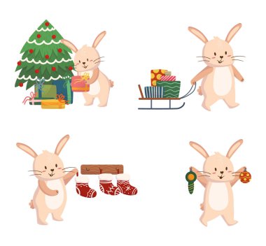 Şirin Noel Tavşanları, 2023 'ün çizgi film tavşan sembolü. Komik Xmas Hayvan Adamları Baubles 'ı tutuyor, Kızağı Hediyelerle Çekiyor, Dekorasyon Ağacı, Kış Tatil Arifesi' nde Asılı Çorap. Vektör İllüstrasyonu