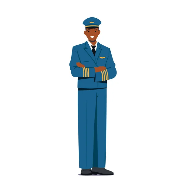 白色の背景に隔離された飛行機のパイロット 航空機搭乗員男性キャラクター制服を着て 空港スタッフ ジェット飛行機キャプテン 航空サービススタッフフルハイト 漫画人ベクトルイラスト — ストックベクタ
