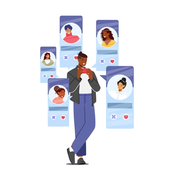 男主角在线约会服务应用在手机屏幕上 虚拟关系 远距离交流 年轻黑人在社交网络上寻找伴侣 卡通人物矢量图解 — 图库矢量图片