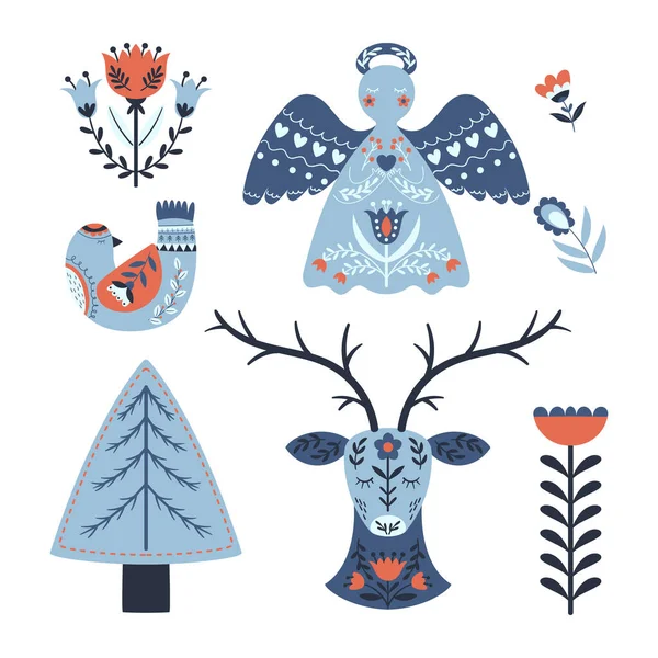 Set Von Weihnachtlichen Elementen Niedlichen Skandinavischen Stil Weihnachtsengel Baum Rentier — Stockvektor