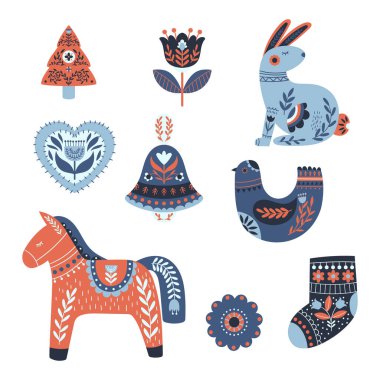 Noel Elementlerini Şirin İskandinav Tarzı ile Ayarlayın. Xmas Bell, Tree, Rabbit, Horse, Bird, Flowers, Sock and Heart Funny Dekor Arka planda Minimal Folk Style. Çizgi film Vektör İllüstrasyonu