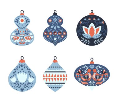 Geleneksel İskandinav Halk Stili Noel Ağacı Dekorasyonunu Ayarla. Xmas Baubles ve Oyuncakları Beyaz Arkaplan 'da izole edilmiş şirin komik dekor. Çizgi film Vektör İllüstrasyonu, Simge, Klip Sanatı