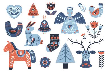 Şirin İskandinav tarzında bir Noel Elementi seti. Xmas Angel, Tree, Ren geyiği ve Tavşan, At, Kuş, Çiçekler, Çorap ve Kalp Komik Halk Tarzı Dekorasyonu. Çizgi film Vektör İllüstrasyonu