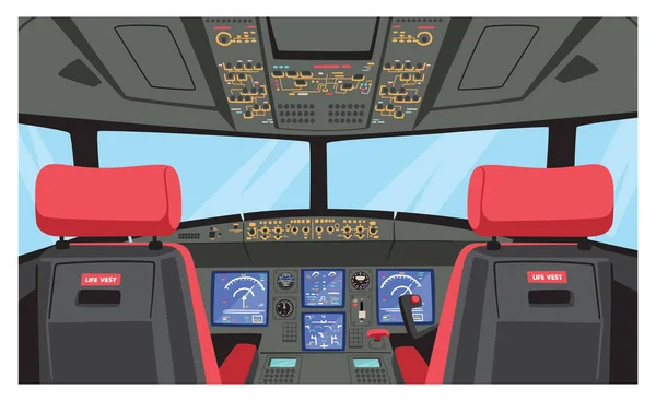 Piloot Cockpit Kapitein Vliegtuig Cabine Met Dashboard Stoelen Venster Modern — Stockvector