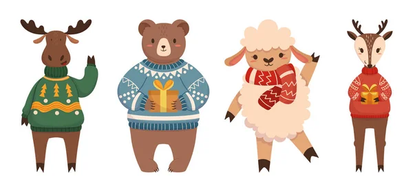 Christmas Animals Moose Reindeer Bear Sheep Waving Hands Cartoon Funny — Stock Vector