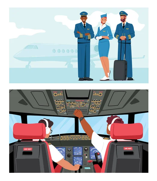 Personale Aeroportuale Jet Plane Captain Air Hostess Personale Del Servizio — Vettoriale Stock