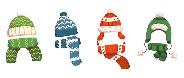Set Von Bunten Mützen Und Schals Für Kinder Kinder Kopfbedeckungen — Stockvektor