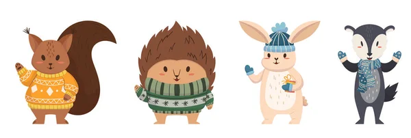 Komik Noel Hayvanı Dalgalanan Eller Çizgi Film Karakterleri Porsuğu Sincap — Stok Vektör