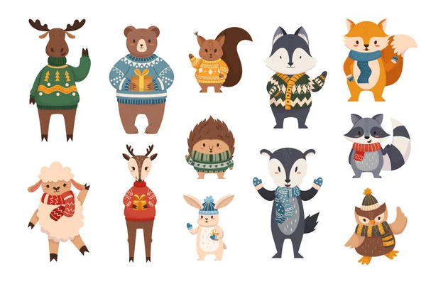 Karácsonyi Állatok Integető Kéz Rajzfilmfigurák Fox Rénszarvas Medve Mosómedve Sündisznó — Stock Vector