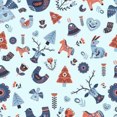 Noel İskandinav Şablonu, Şirin Xmas Dekoru ve Ögeleri ile Tekrarlanan Arkaplan. Melek, Ağaç, Ren Geyiği ve Tavşan, At, Kuş, Çiçek ve Kalpli Halk Tarzı Dekorasyonu. Çizgi film Vektör İllüstrasyonu