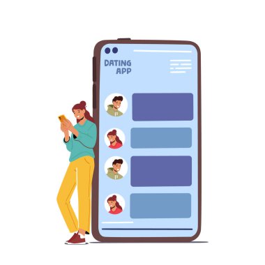 Çevrimiçi Randevu Hizmetleri Uygulaması, Sosyal Medya, Sanal İlişki İletişim Konsepti. Akıllı Telefonla Erkekle Mesajlaşan Kadın. Modern Genç Kız Çift Arıyor. Çizgi film Vektör İllüstrasyonu