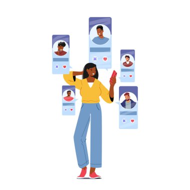 Çevrimiçi Randevu Hizmetleri Uygulaması, Sosyal Medya, Sanal İlişki İletişim Konsepti. Erkek profilli akıllı telefon tutan kadın. Modern Genç Kız Çift Arıyor. Çizgi film Vektör İllüstrasyonu