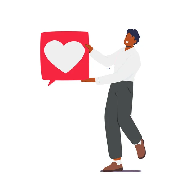 Happy Man Holding Big Heart Icon Giving Good Review Rating — Archivo Imágenes Vectoriales