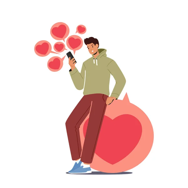 Online Dating Service Application Young Man Holding Smartphone Giving Likes — Stock Vector