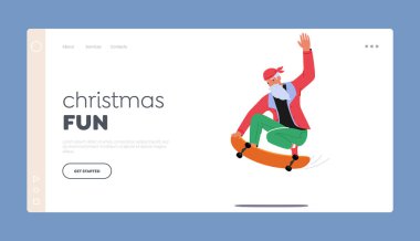 Noel Eğlenceli İniş Şablonu. Kaykay süren Noel Baba Rollerdrome 'da Ekstrem Dublörler ve Numaralar Yapıyor. Havalı Karakter Peder Noel. Çizgi film İnsanları Vektör İllüstrasyonu