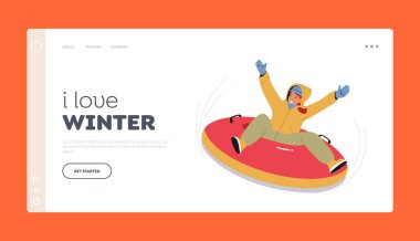 Tubing Winter Holidays Extreme Landing Page Şablonu. Kar Altında Mutlu Kız Kayıyor, Kar Tepelerinde Aktif Kadın Karakteri, Açık Hava Eğlencesi. Çizgi film İnsanları Vektör İllüstrasyonu