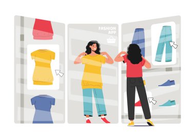 Yeni Moda Teknolojileri, İnternet Mağazası, Online Alışveriş Konsepti. Sanal Soyunma Odasında Giyinmeye Çalışan Kadın. Cep telefonunda Kadın Karakter Kullanımı Uygulaması. Çizgi film İnsanları Vektör İllüstrasyonu