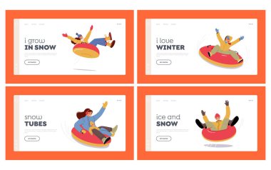 Açık havada Eğlence İniş Şablonu Ayarlandı. Kış Tatili 'nde kar tünelinde kayan insanlar. Erkekler ve Kadınlar Şişirilebilir Donut Kızağı 'nda yokuş aşağı gidiyor. Çizgi film Vektör İllüstrasyonu