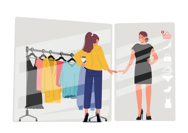 虚拟试衣间里的购物者试穿服装大小和风格 网上穿衣 电子商务衣帽间概念 镜中的女性形象 爱的形象 卡通人物矢量图解 — 图库矢量图片