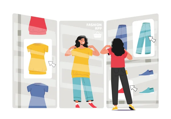 Nuevas Tecnologías Moda Tienda Internet Concepto Compras Línea Mujer Probándose — Vector de stock