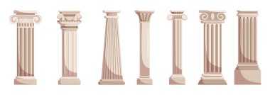 Beyaz arka planda izole edilmiş antik mermer ya da taş sütunlar. Roma ya da Yunanistan 'ın Eski Klasik Sütunları Groove Süslemesi, Tapınak Yüzü Tasarımı. Çizgi film Vektör İllüstrasyonu