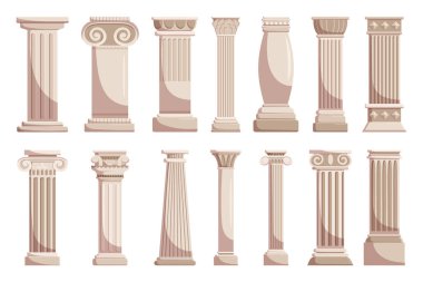 Antique Pillars Isolated On White Background. Ancient Classic Columns Of Roman Or Greece Architecture With Groove Ornament, Marble or Stone Temple Facade Design Elements. Cartoon Vector Illustration clipart